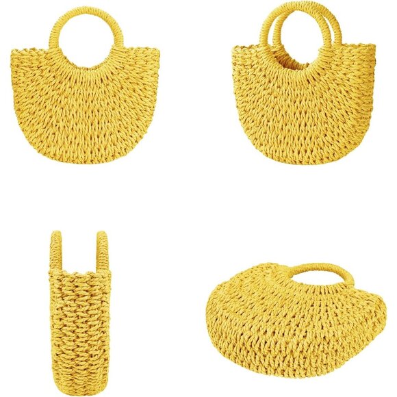 Woven Straw Beach Bag for Womem Top Handle Yellow Crossbody and Shoulder Strap - Picture 3 of 6